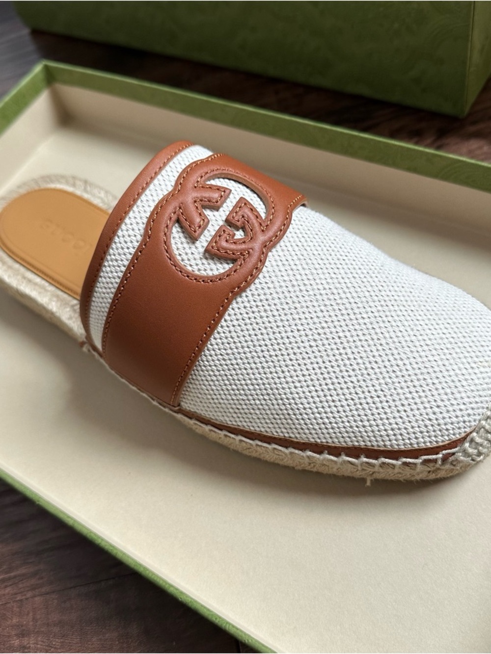 Gucci Cream Canvas Mule Espadrille with Brown Leather Trim